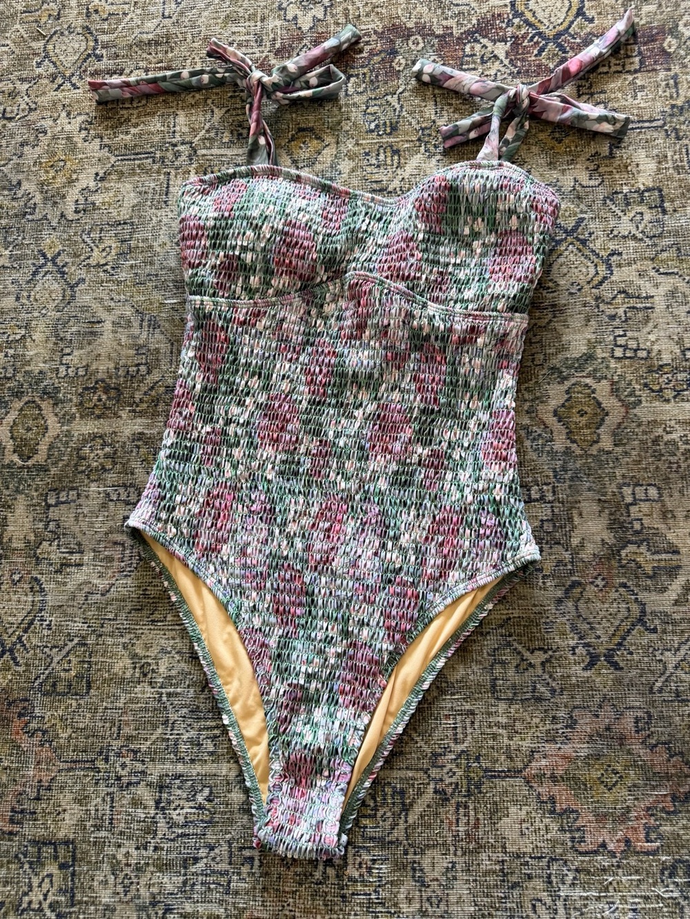 Smocked Floral One-Piece Swimsuit in Pink & Green